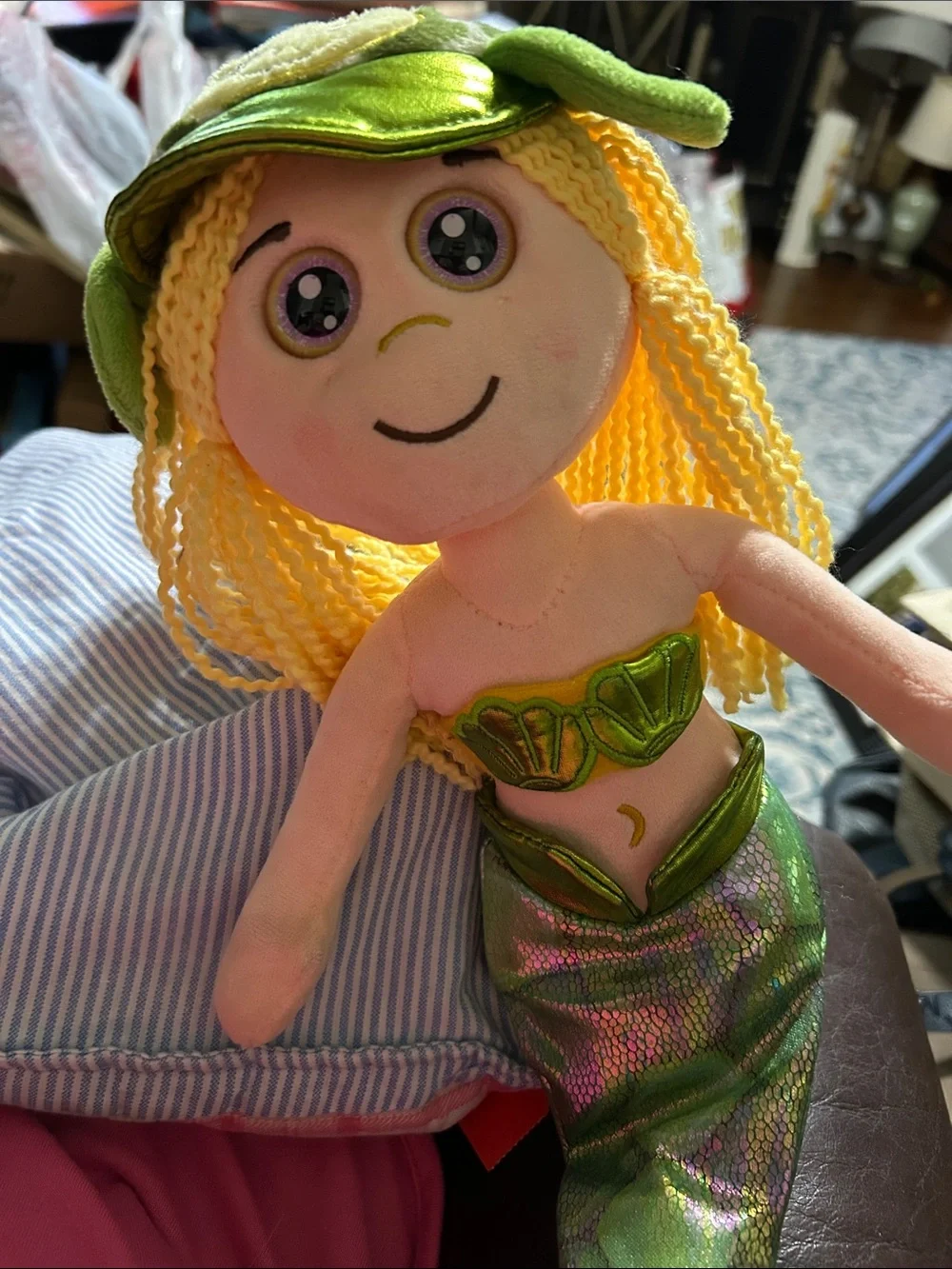 Big glassy eyes and Green scale legs and hat MERMAID doll. EUC